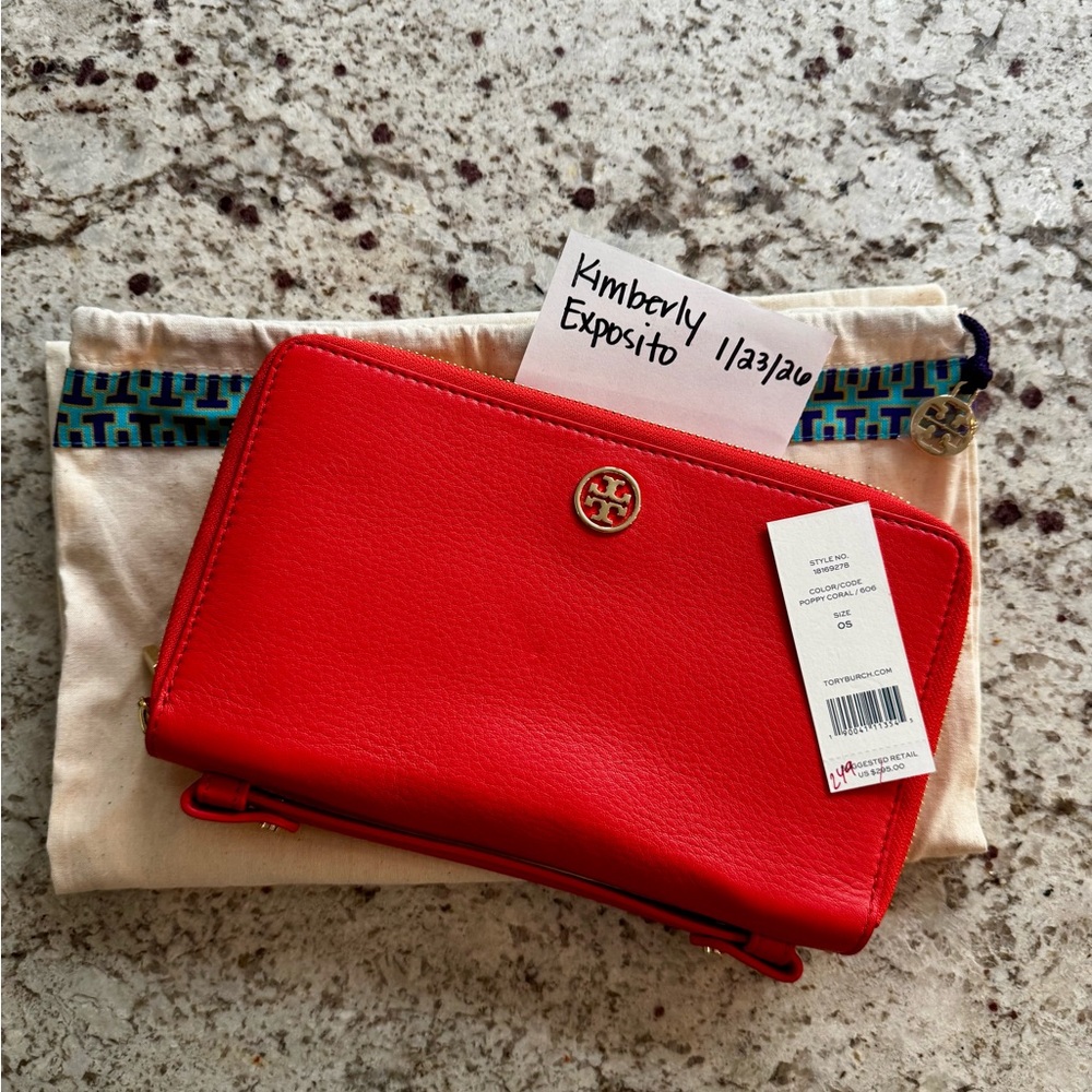 Tory Burch Coral Large Double Zippered Leather Wallet